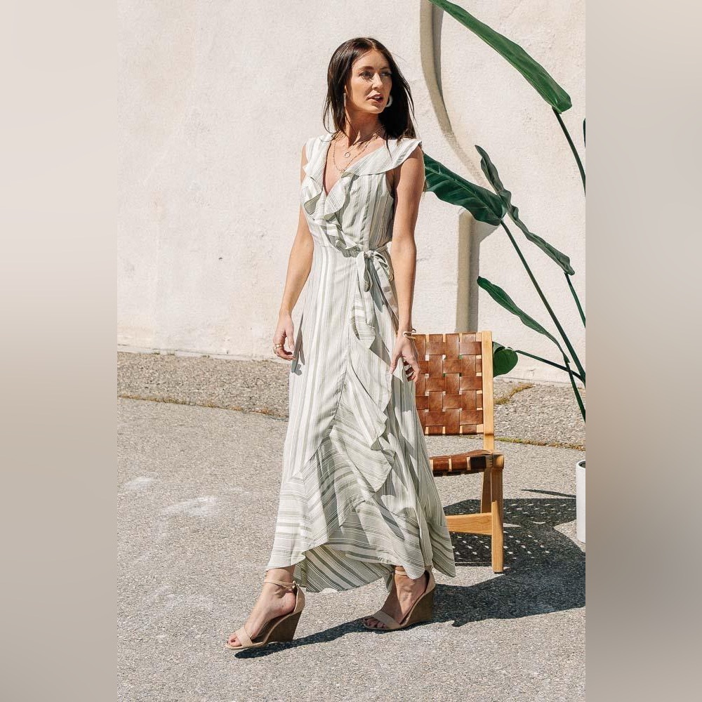 bohme Green and White Striped Ruffle Maxi Dress